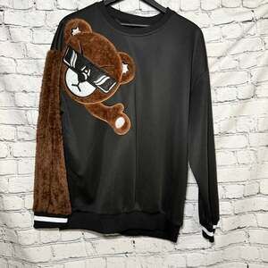 Manfinity M Black Teddy Bear Sweatshirt Fuzzy Faux Fur Sleeve